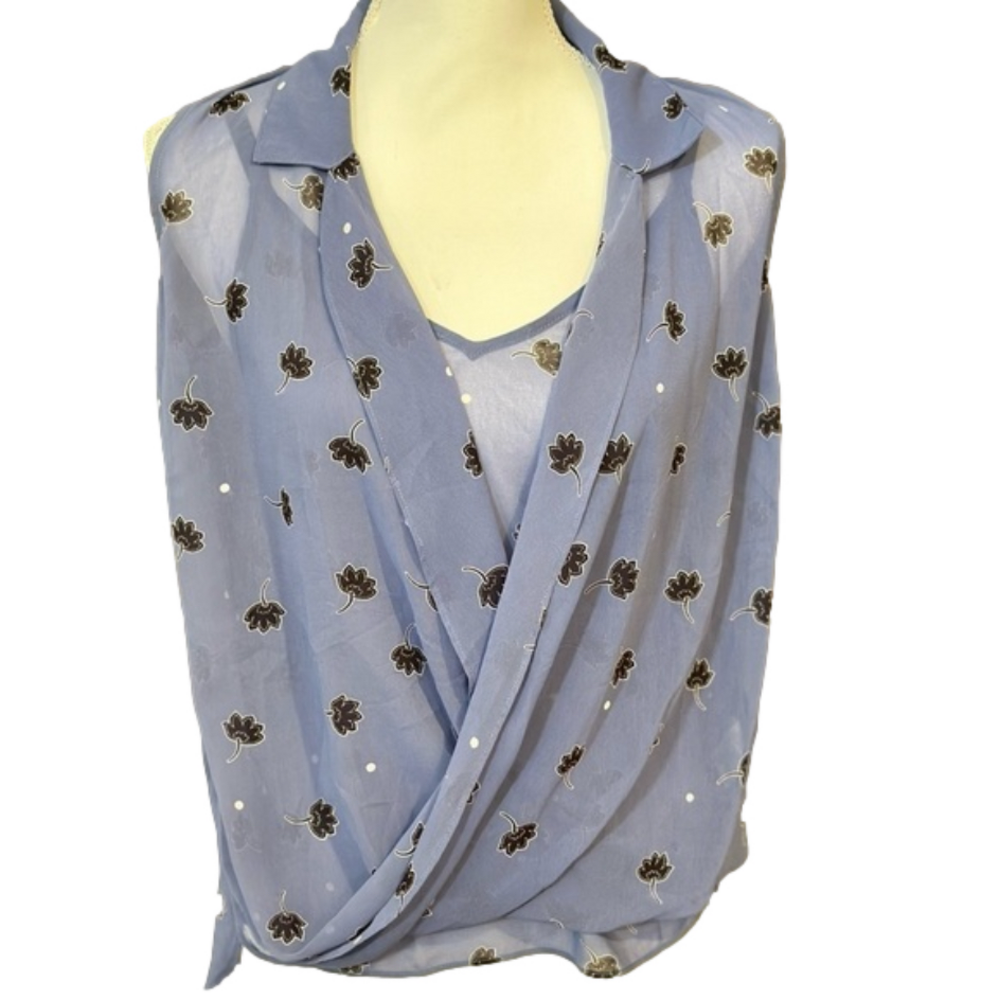Cabi Layered Blouse Plunge Cowl Neckline‎ Sleeveless Purple Black Polka Dot XS